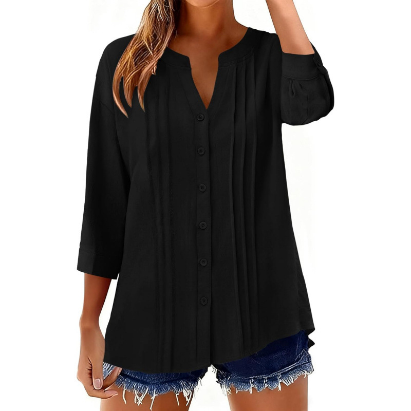 Women’s Casual Pleated Button-Up Blouse – Relaxed Fit 3/4 Sleeve Top