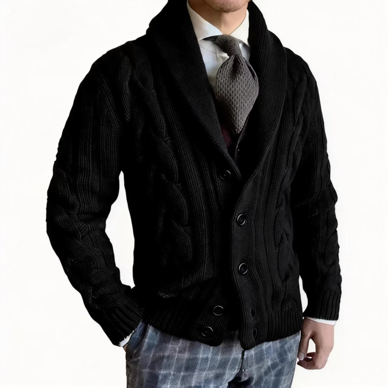 Men's Cable Knit Shawl Collar Cardigan - Classic Button Front Sweater Jacket