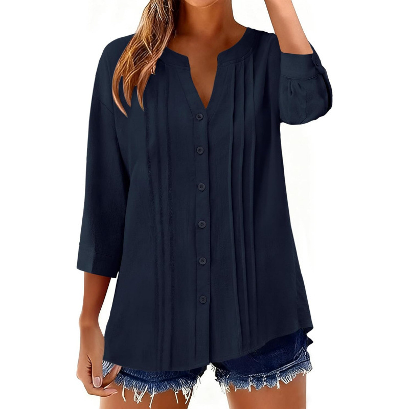 Women’s Casual Pleated Button-Up Blouse – Relaxed Fit 3/4 Sleeve Top