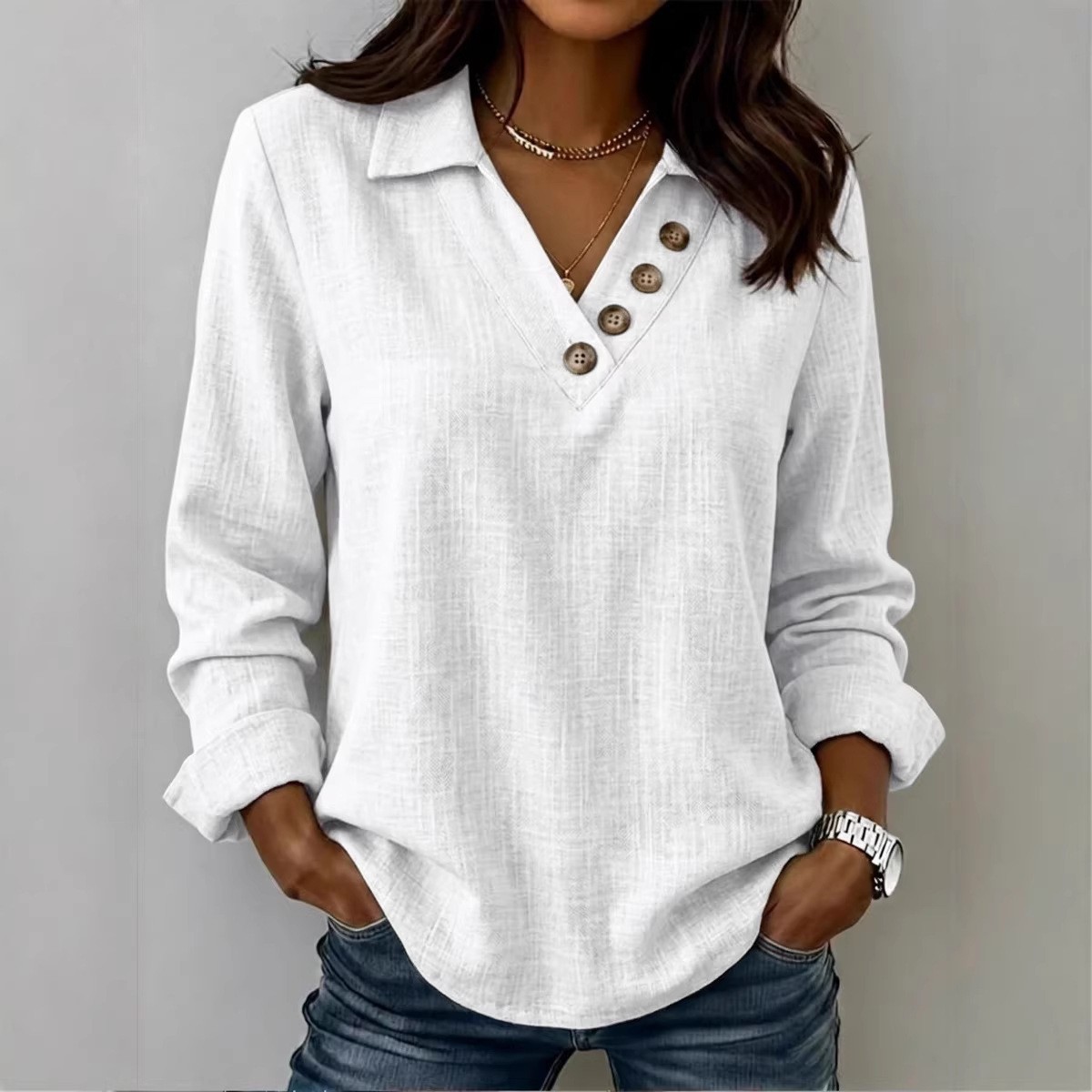 ✨ Women’s Casual Button V-Neck Long Sleeve Blouse – Relaxed Everyday Style