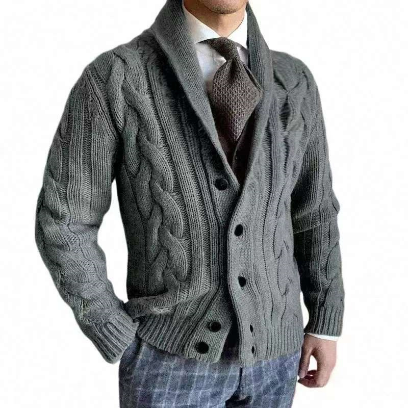 Men's Cable Knit Shawl Collar Cardigan - Classic Button Front Sweater Jacket