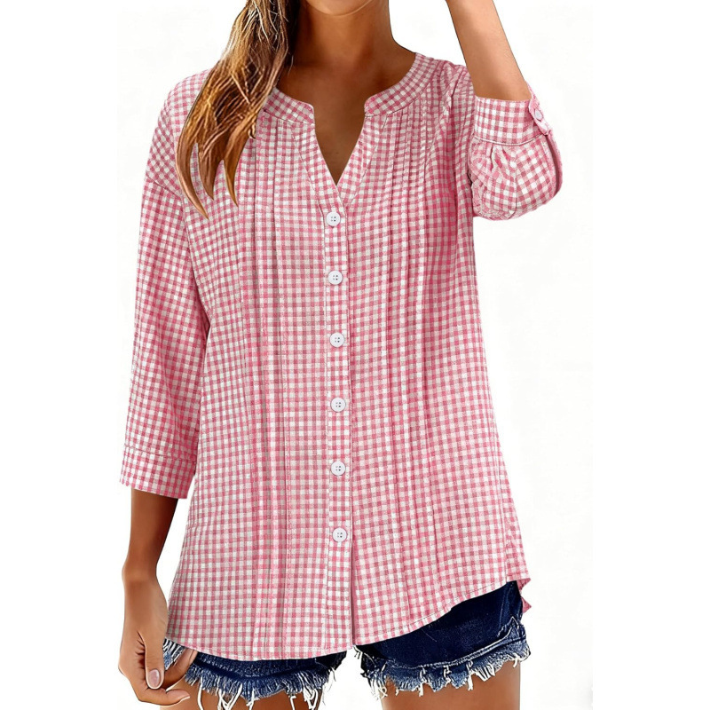 Women’s Casual Pleated Button-Up Blouse – Relaxed Fit 3/4 Sleeve Top