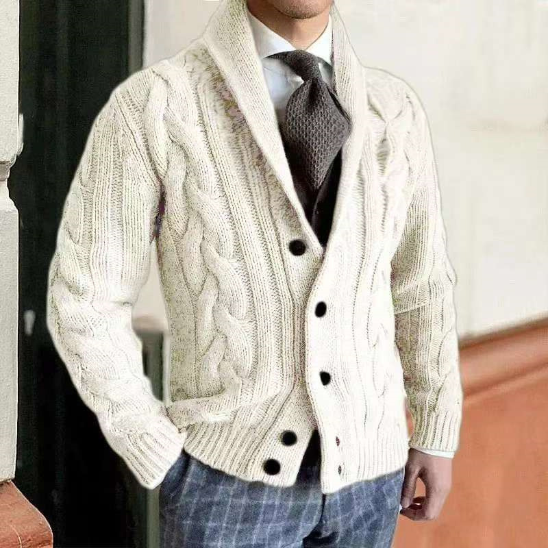 Men's Cable Knit Shawl Collar Cardigan - Classic Button Front Sweater Jacket