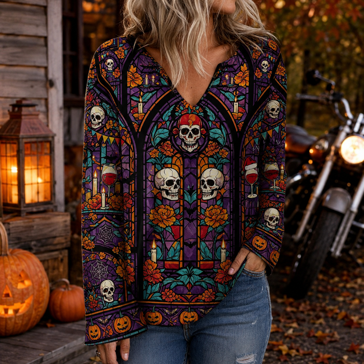 🎃 Spooky Sweet Halloween V-Neck Top – Festive Long Sleeve Style for Fall 👻🍬