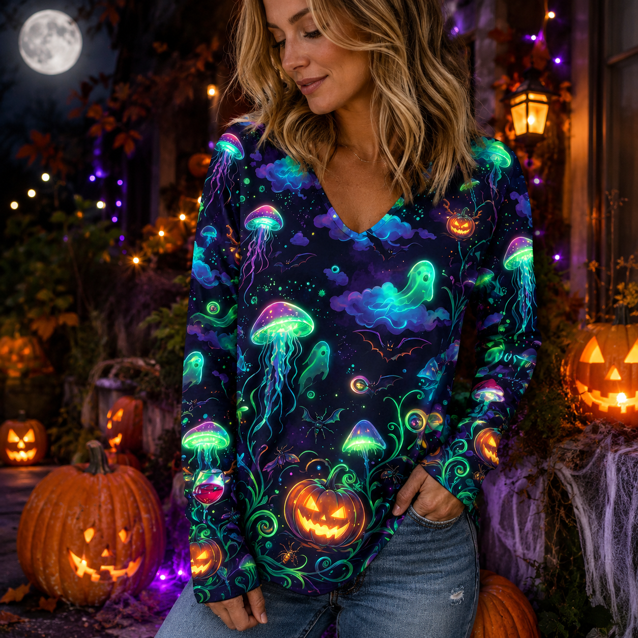 🎃 Spooky Sweet Halloween V-Neck Top – Festive Long Sleeve Style for Fall 👻🍬