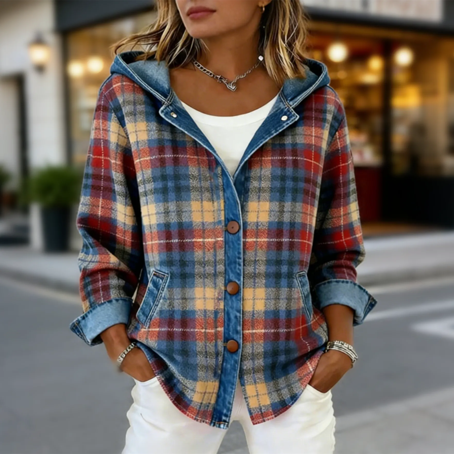 Women'S Casual Contrast Color Plaid Jacket