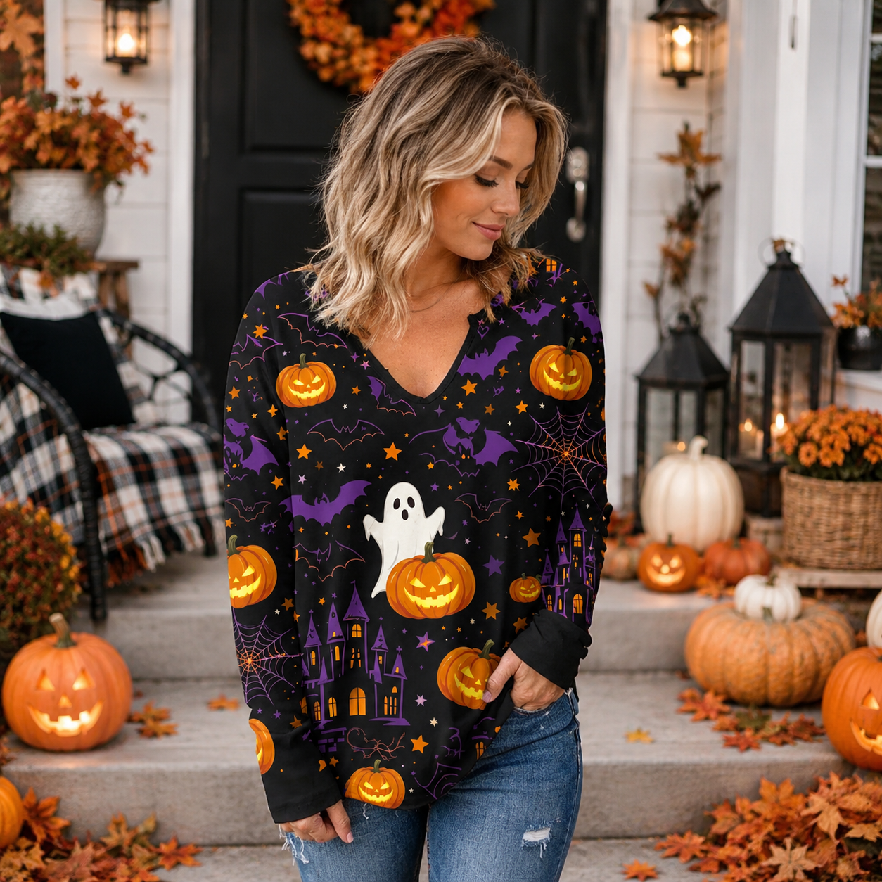 🎃 Spooky Sweet Halloween V-Neck Top – Festive Long Sleeve Style for Fall 👻🍬
