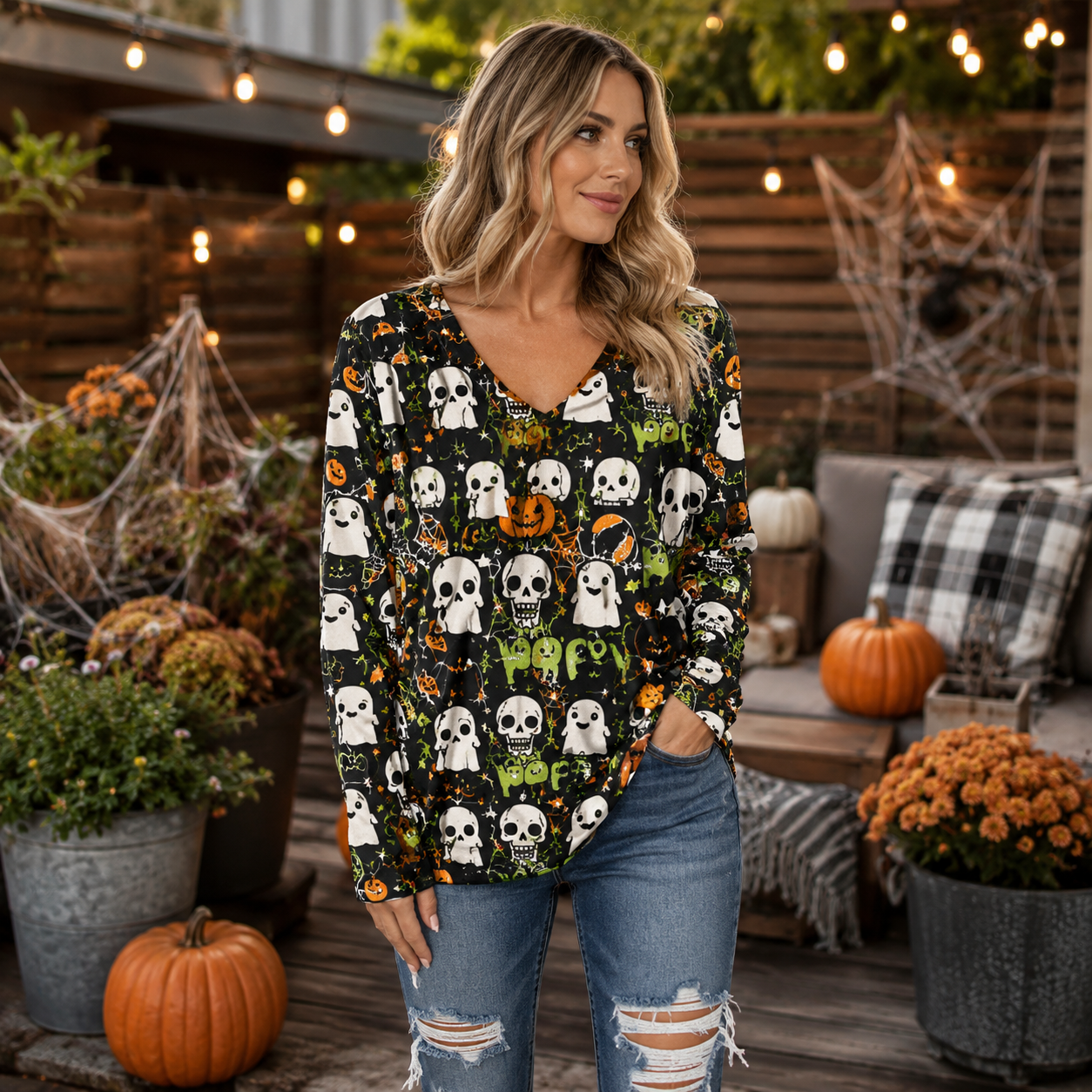 🎃 Spooky Sweet Halloween V-Neck Top – Festive Long Sleeve Style for Fall 👻🍬