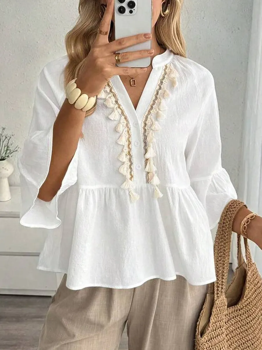 🌺🌺🌺Women's V-neck Button Tassel Tie Top