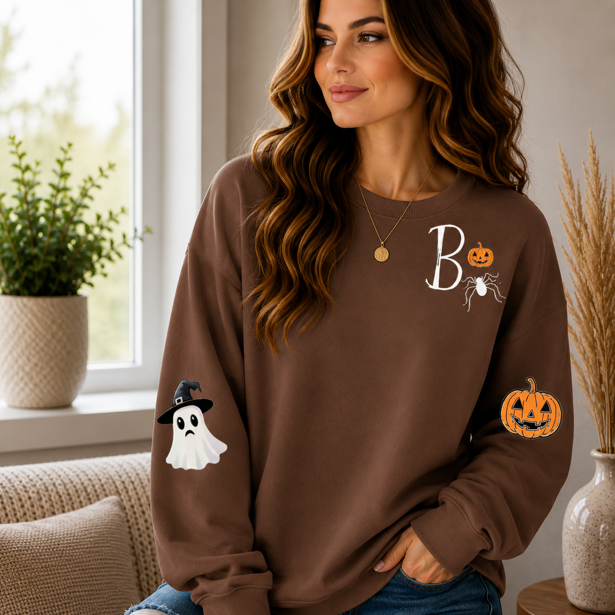 👻 Women’s Cute Ghost Halloween Sweatshirt – Cozy Long Sleeve Pullover, Spooky Fall Casual Top