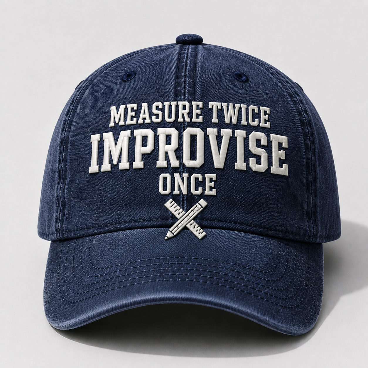 Men’s Vintage Embroidered Baseball Cap – “Measure Twice, Improvise Once” Adjustable Casual Hat