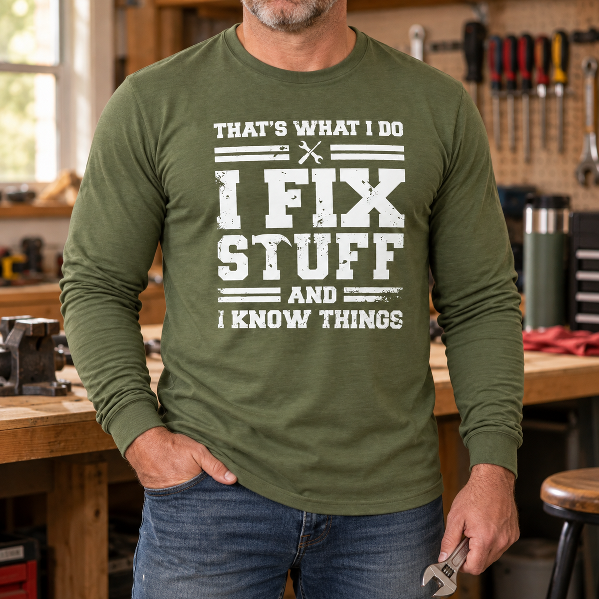 🔥Men’s “I Fix Stuff and I Know Things” Long-Sleeve Graphic T-Shirt