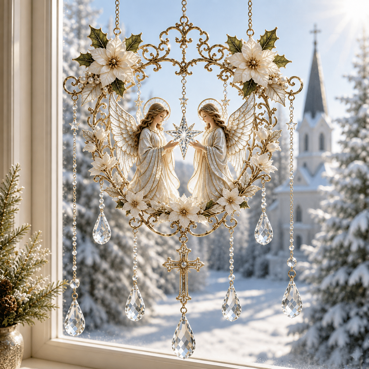 **Christmas Religious Suncatcher, Christian Angel & Cross Window Hanging Ornament, Stained Glass Crystal Sun Catcher Decor for Home, Church & Christmas Gifts**