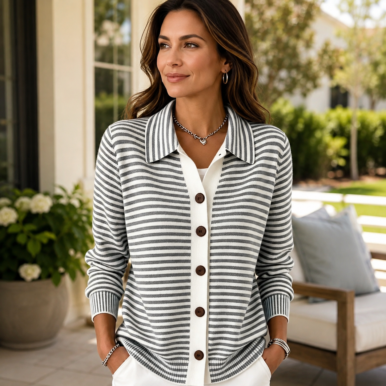 ✨ Women’s Classic Striped Button Cardigan – Soft Knit Relaxed Fit Everyday Layering Sweater