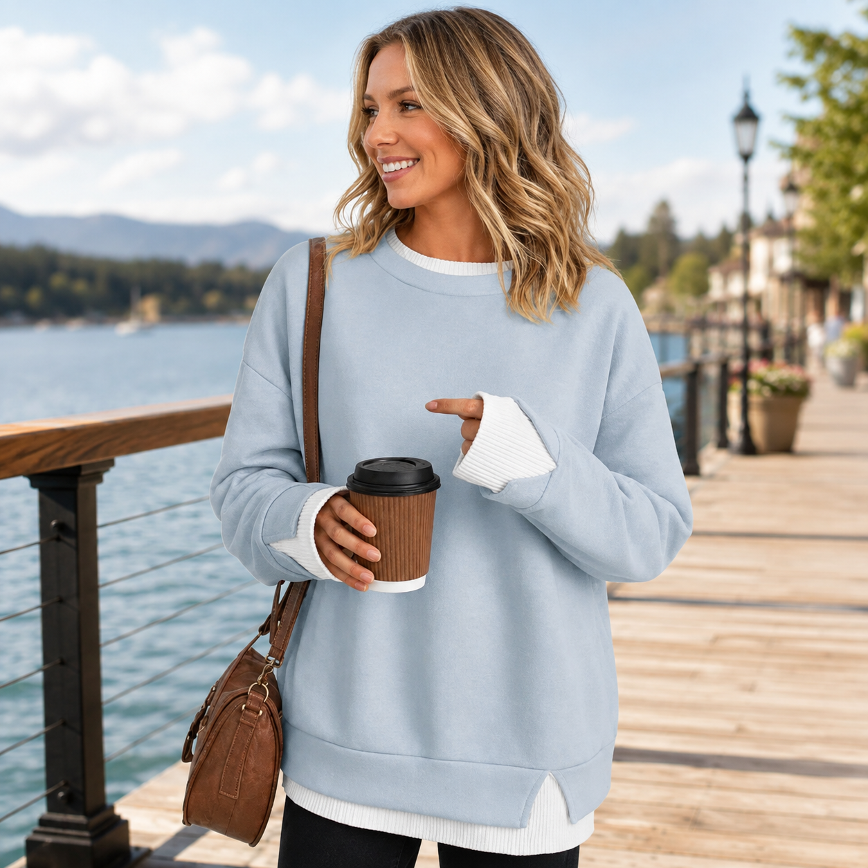 ✨ Women’s Cozy Layered Crewneck Sweatshirt – Relaxed Fit Everyday Pullover