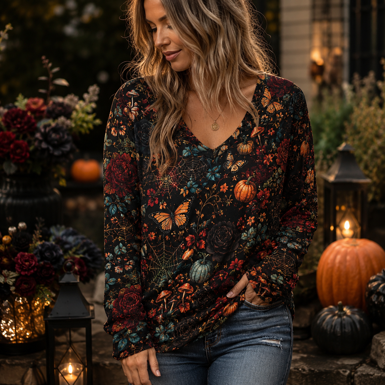 🎃 Spooky Sweet Halloween V-Neck Top – Festive Long Sleeve Style for Fall 👻🍬