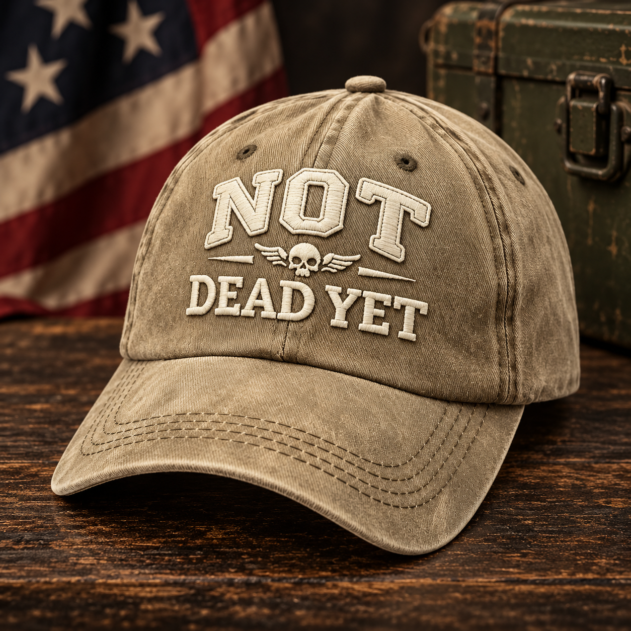 🧢Not Dead Yet Veteran Pride Dad Hat – Vintage Embroidered Cap