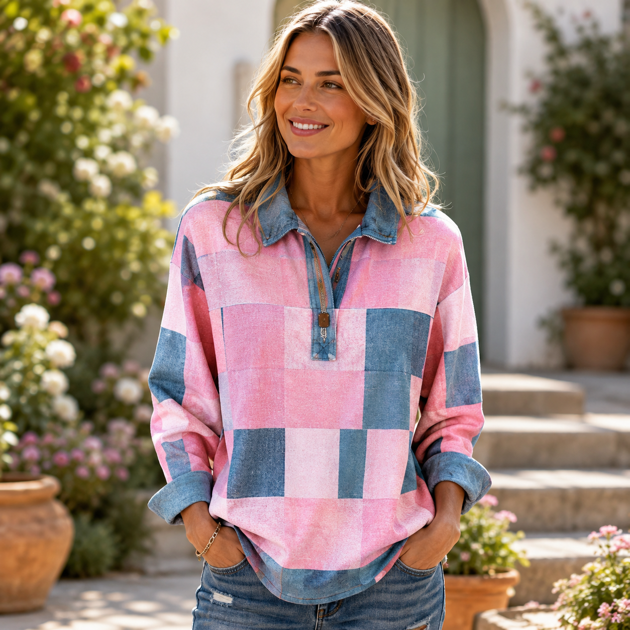 Women’s Casual Denim-Trim Pullover 💙 Soft Textured Long Sleeve Top for Everyday Comfort