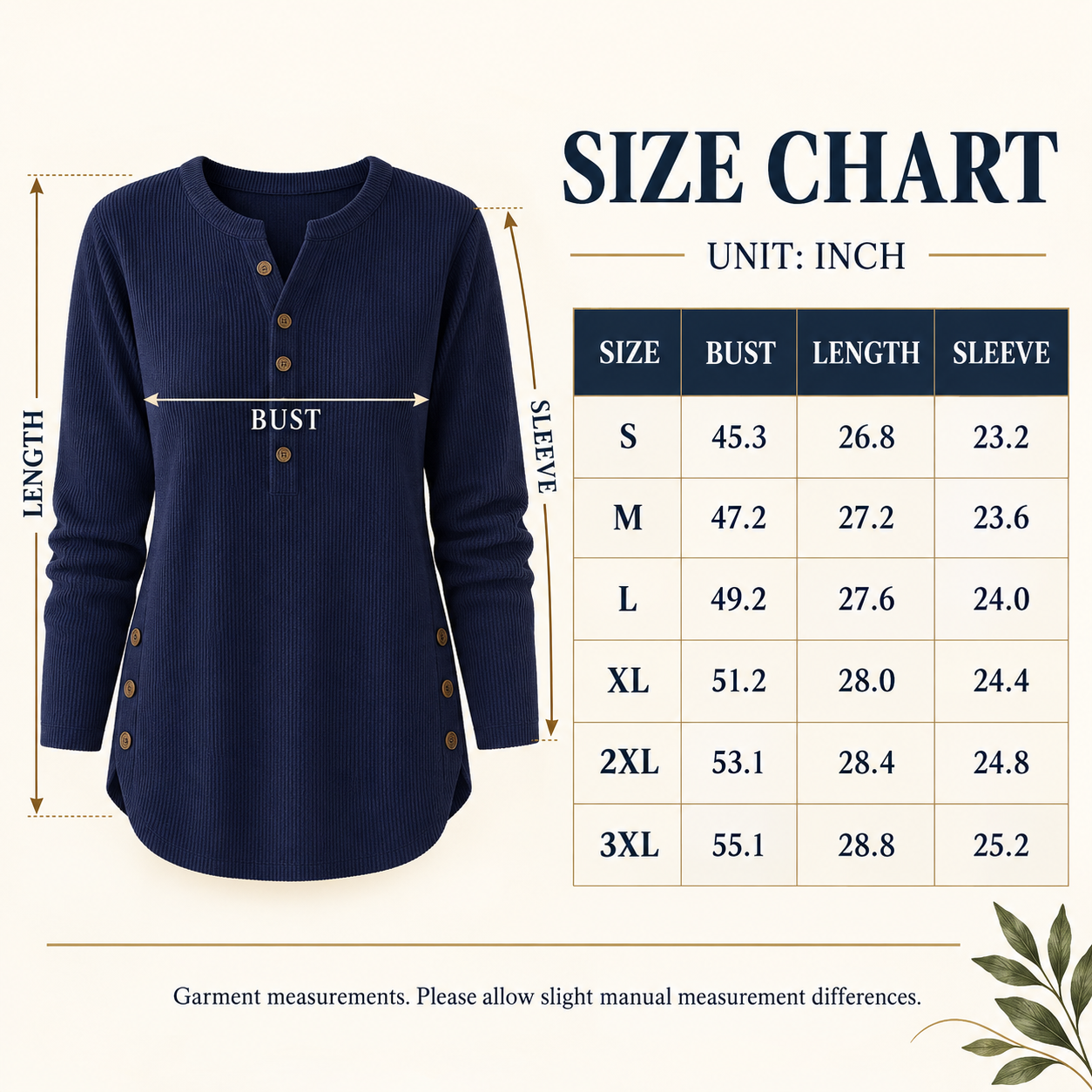 Ribbed Henley Pullover size chart in inches