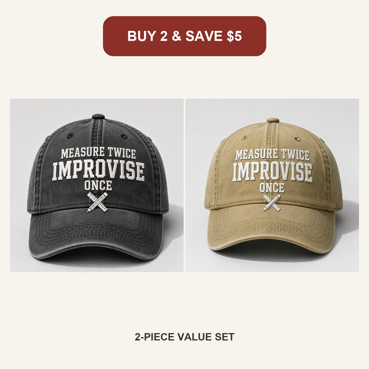 🧢Men’s Vintage Embroidered Baseball Cap – “Measure Twice, Improvise Once” Adjustable Casual Hat