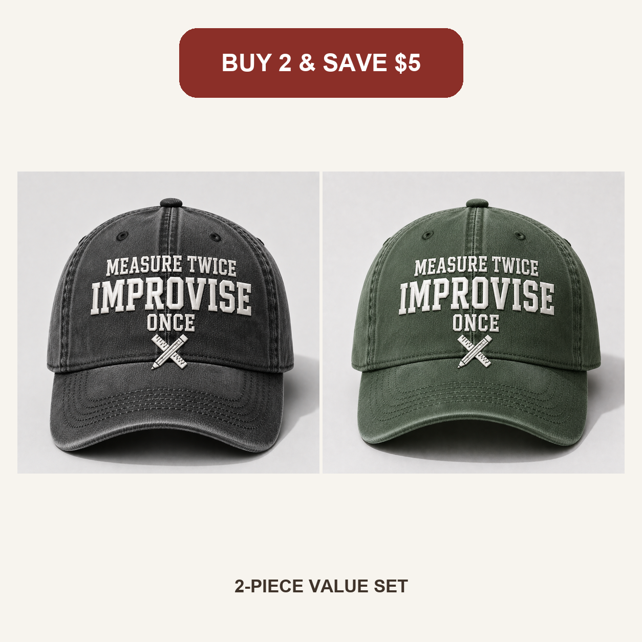🧢Men’s Vintage Embroidered Baseball Cap – “Measure Twice, Improvise Once” Adjustable Casual Hat