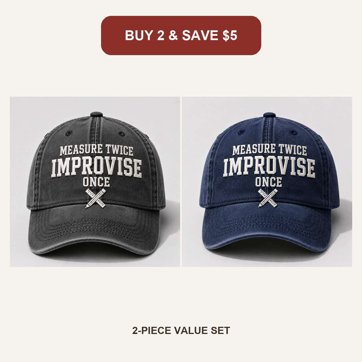 🧢Men’s Vintage Embroidered Baseball Cap – “Measure Twice, Improvise Once” Adjustable Casual Hat