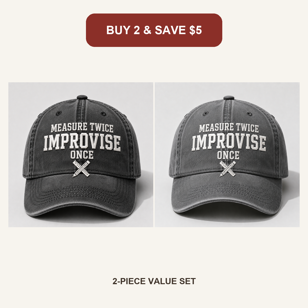 🧢Men’s Vintage Embroidered Baseball Cap – “Measure Twice, Improvise Once” Adjustable Casual Hat