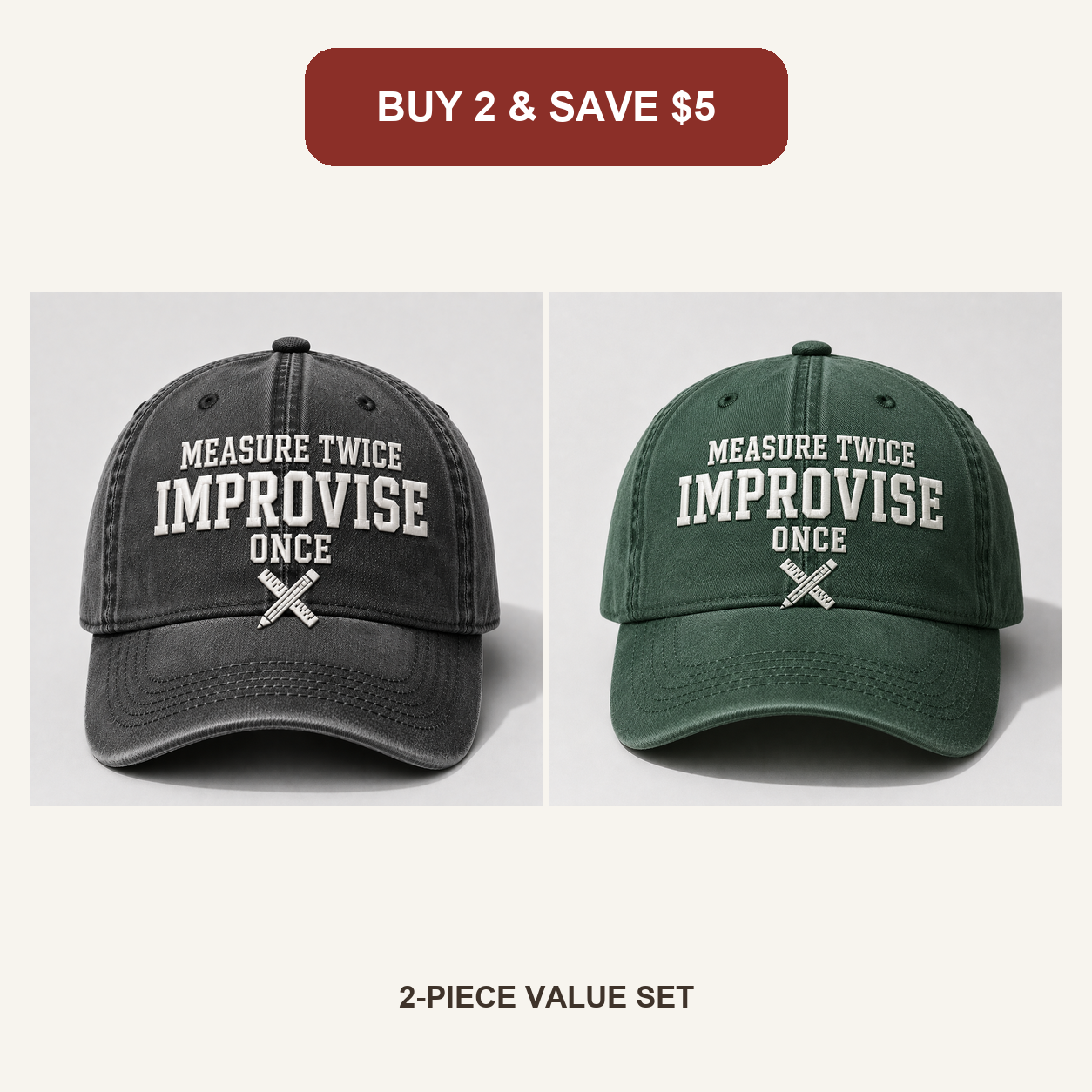 🧢Men’s Vintage Embroidered Baseball Cap – “Measure Twice, Improvise Once” Adjustable Casual Hat