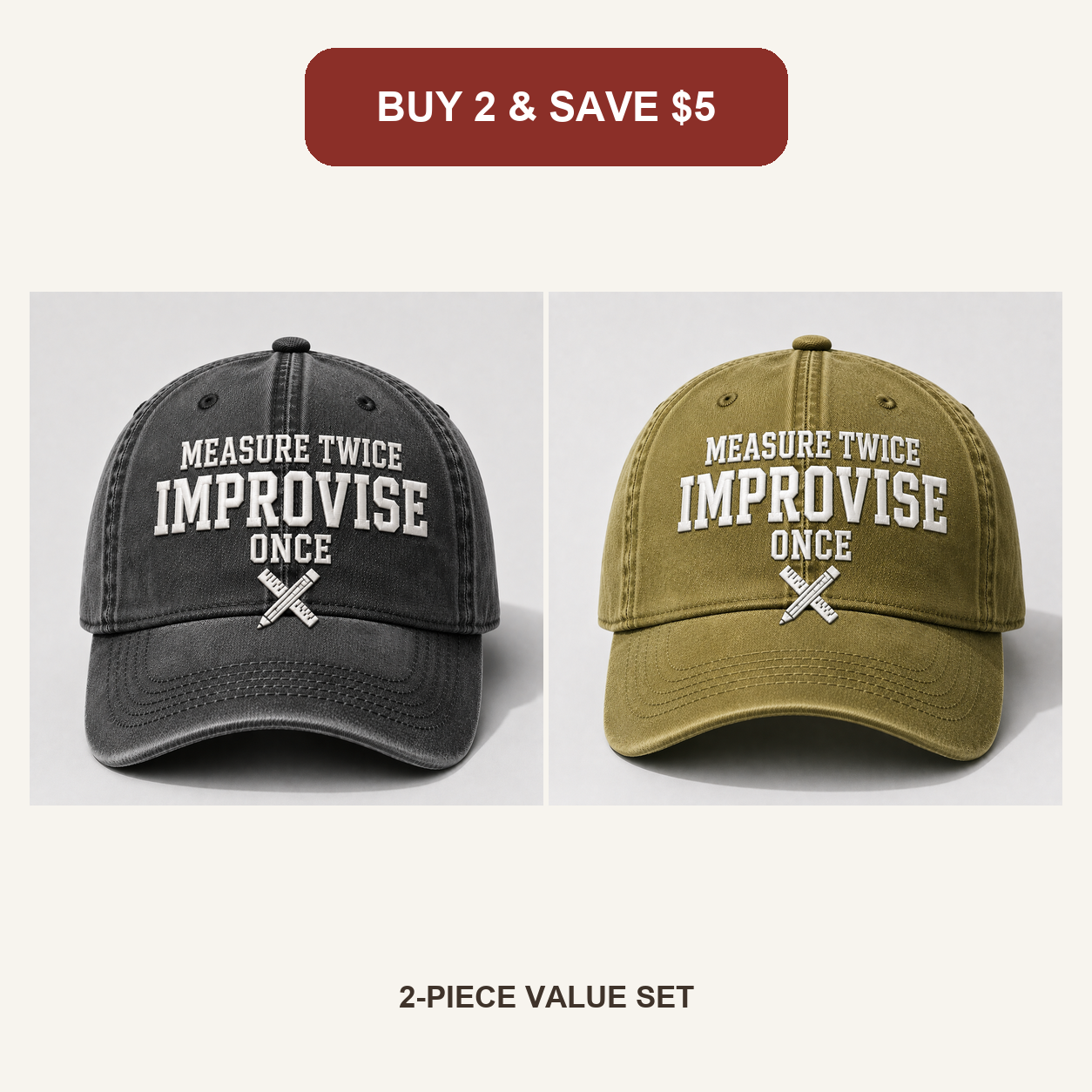 🧢Men’s Vintage Embroidered Baseball Cap – “Measure Twice, Improvise Once” Adjustable Casual Hat