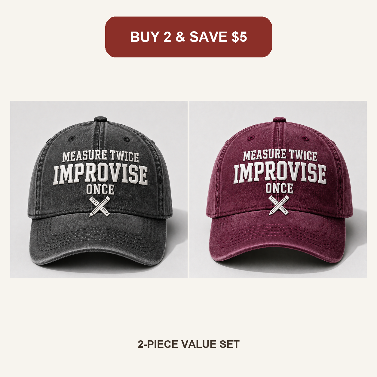 🧢Men’s Vintage Embroidered Baseball Cap – “Measure Twice, Improvise Once” Adjustable Casual Hat