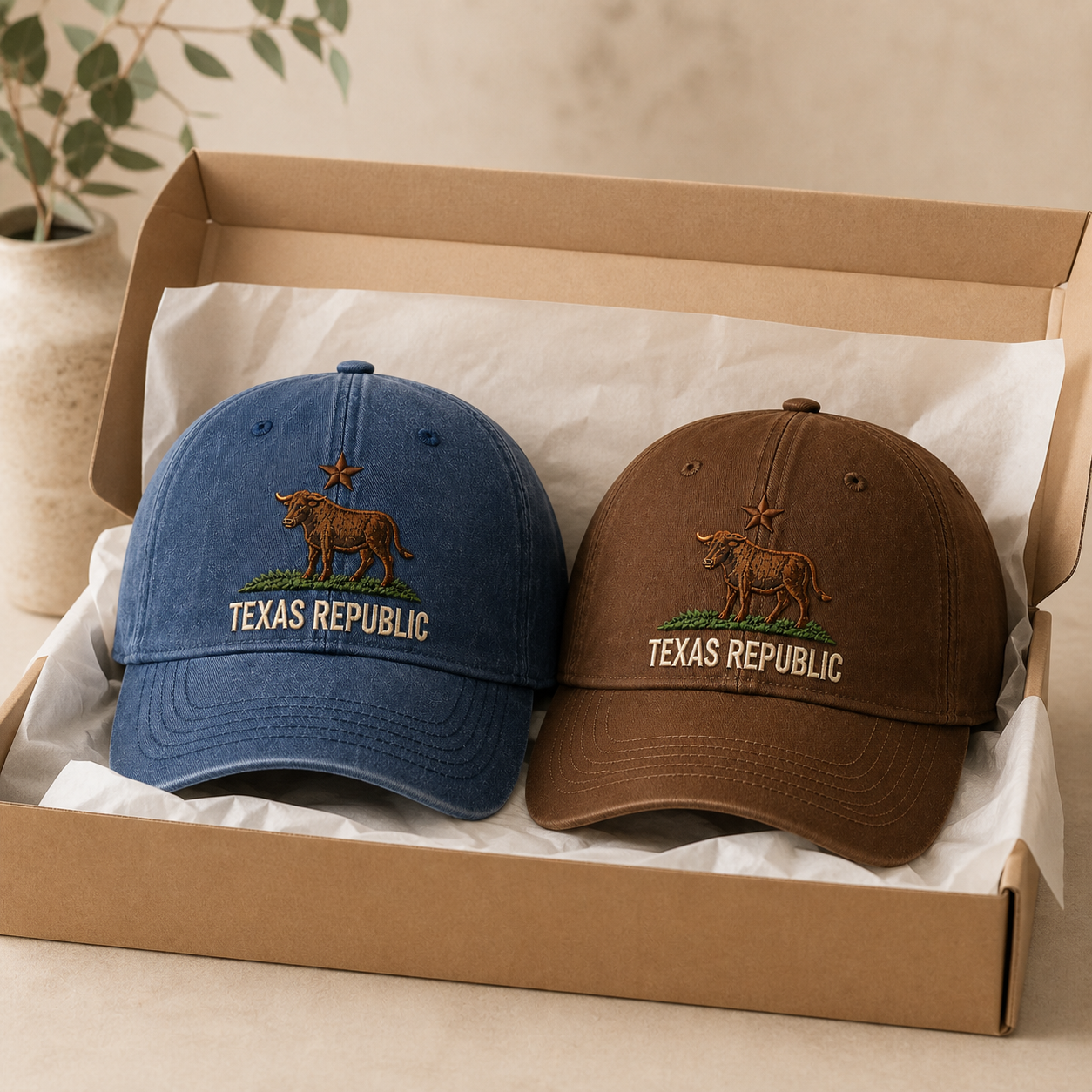 Texas Republic Vintage Embroidered Baseball Cap - Navy Blue + Brown