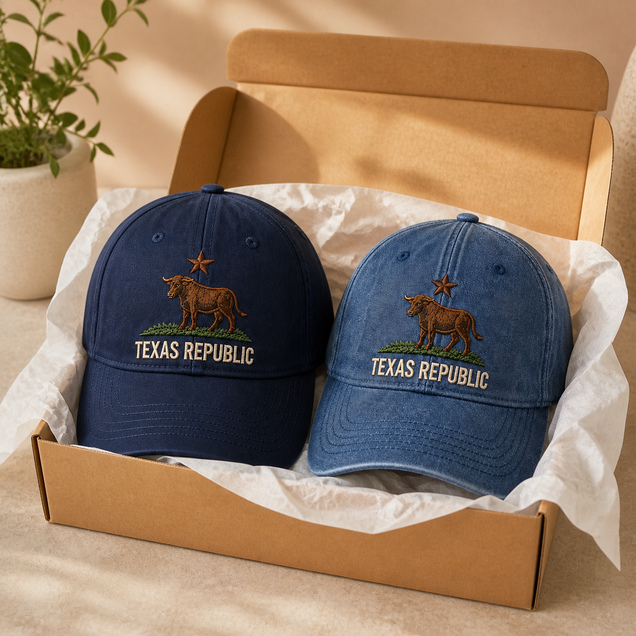 Texas Republic Vintage Embroidered Baseball Cap - Navy Blue + Denim Blue