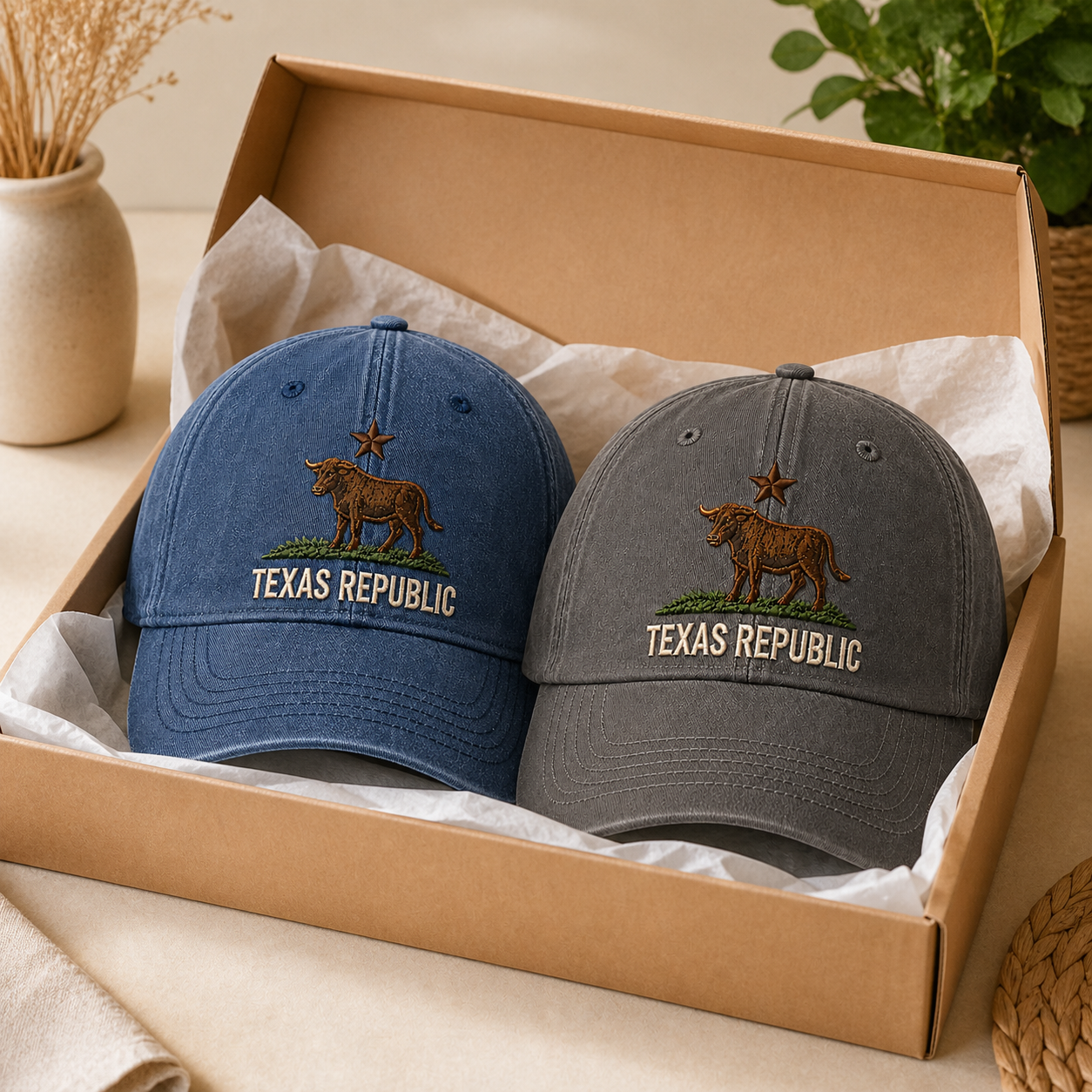 Texas Republic Vintage Embroidered Baseball Cap - Navy Blue + Gray