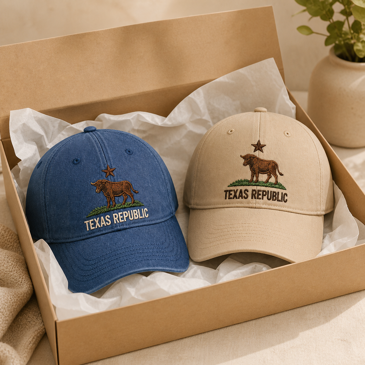 Texas Republic Vintage Embroidered Baseball Cap - Navy Blue + Khaki