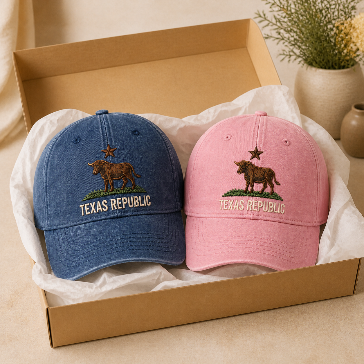 Texas Republic Vintage Embroidered Baseball Cap - Navy Blue + Pink