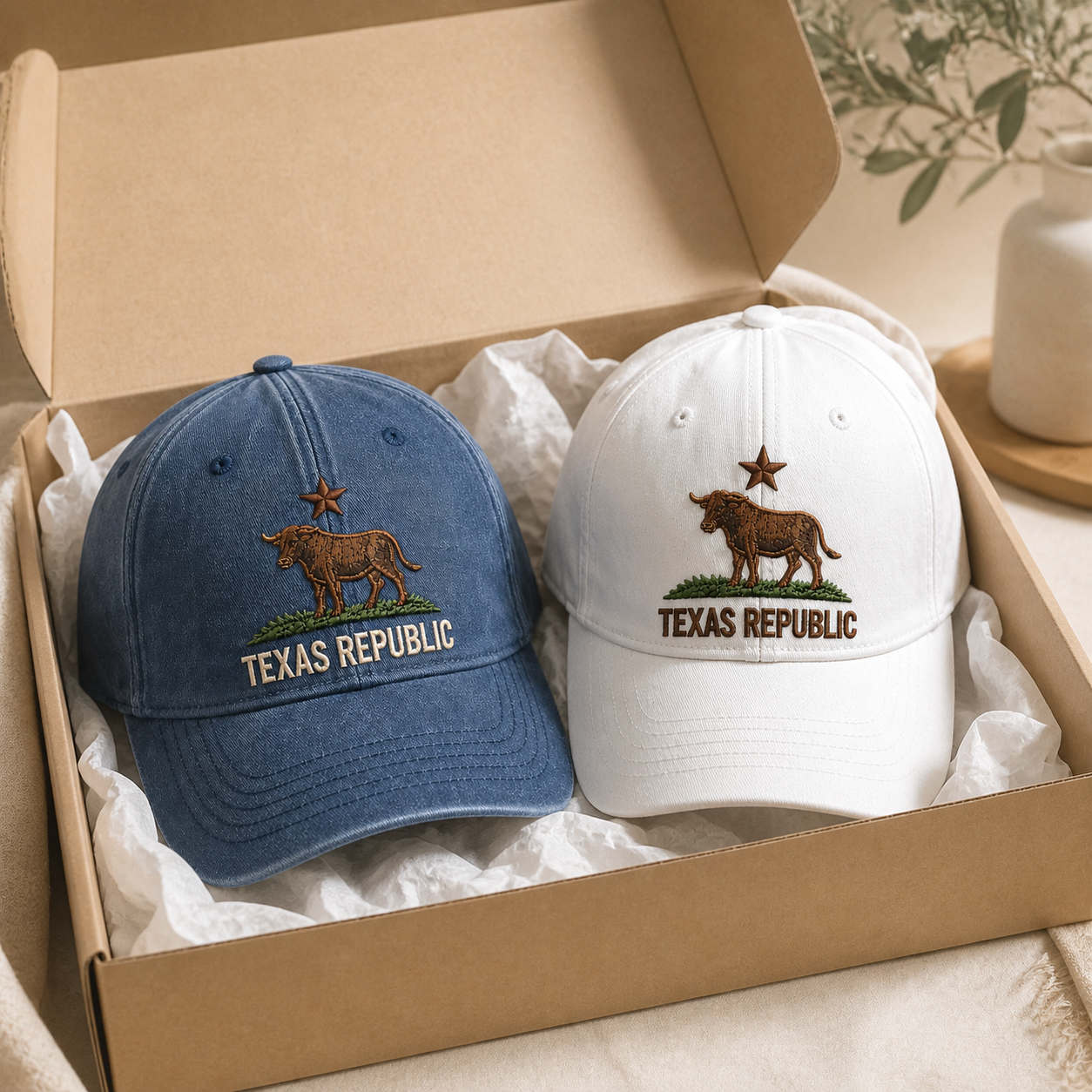 Texas Republic Vintage Embroidered Baseball Cap - Navy Blue + White