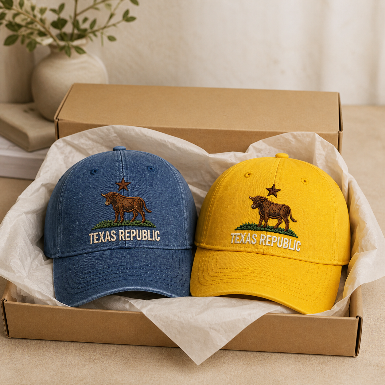 Texas Republic Vintage Embroidered Baseball Cap - Navy Blue + Yellow