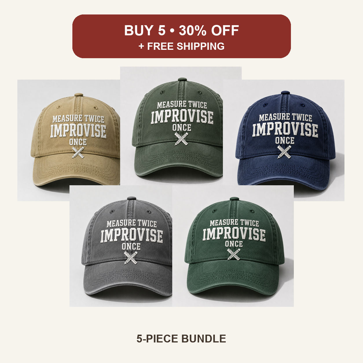 🧢Men’s Vintage Embroidered Baseball Cap – “Measure Twice, Improvise Once” Adjustable Casual Hat