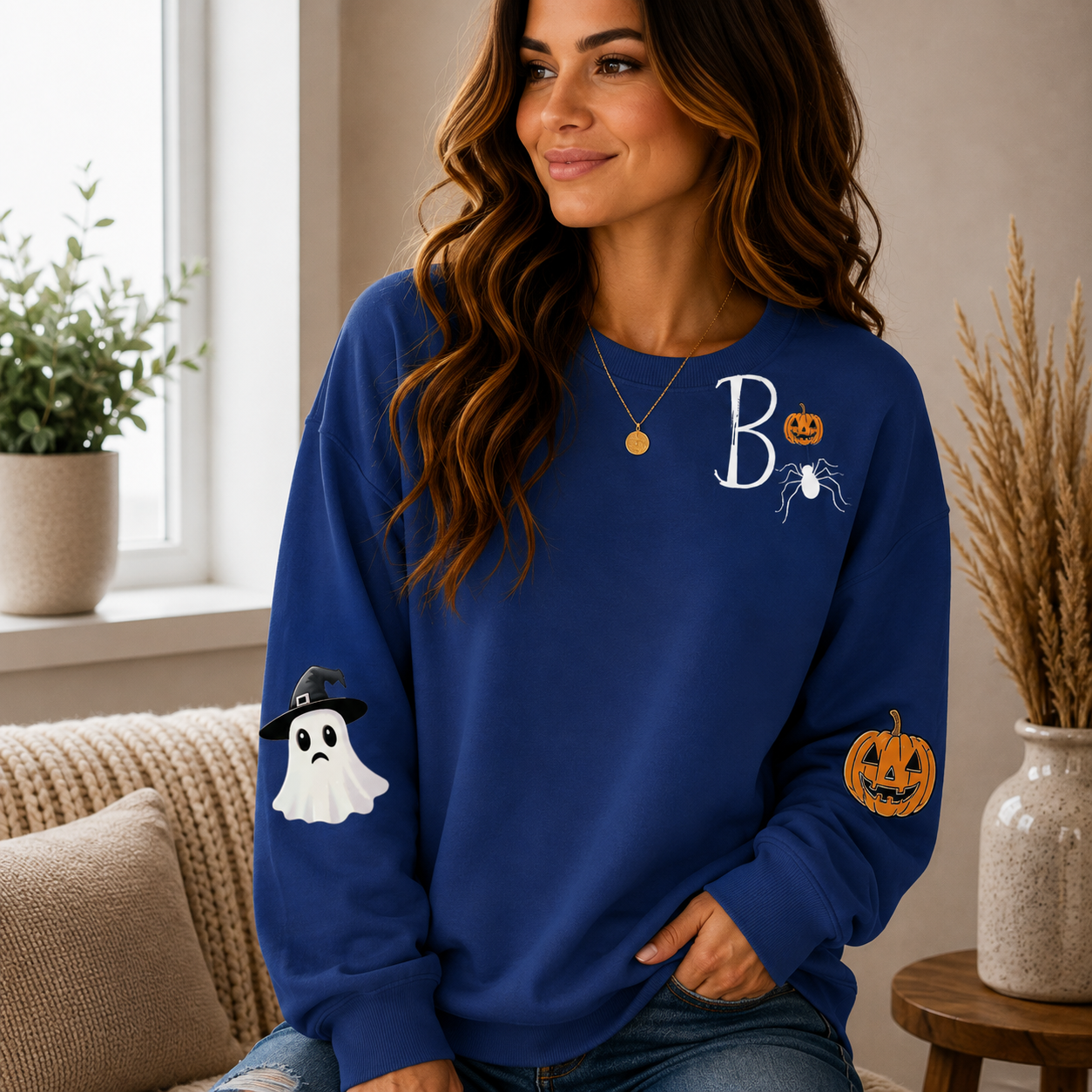 👻 Women’s Cute Ghost Halloween Sweatshirt – Cozy Long Sleeve Pullover, Spooky Fall Casual Top