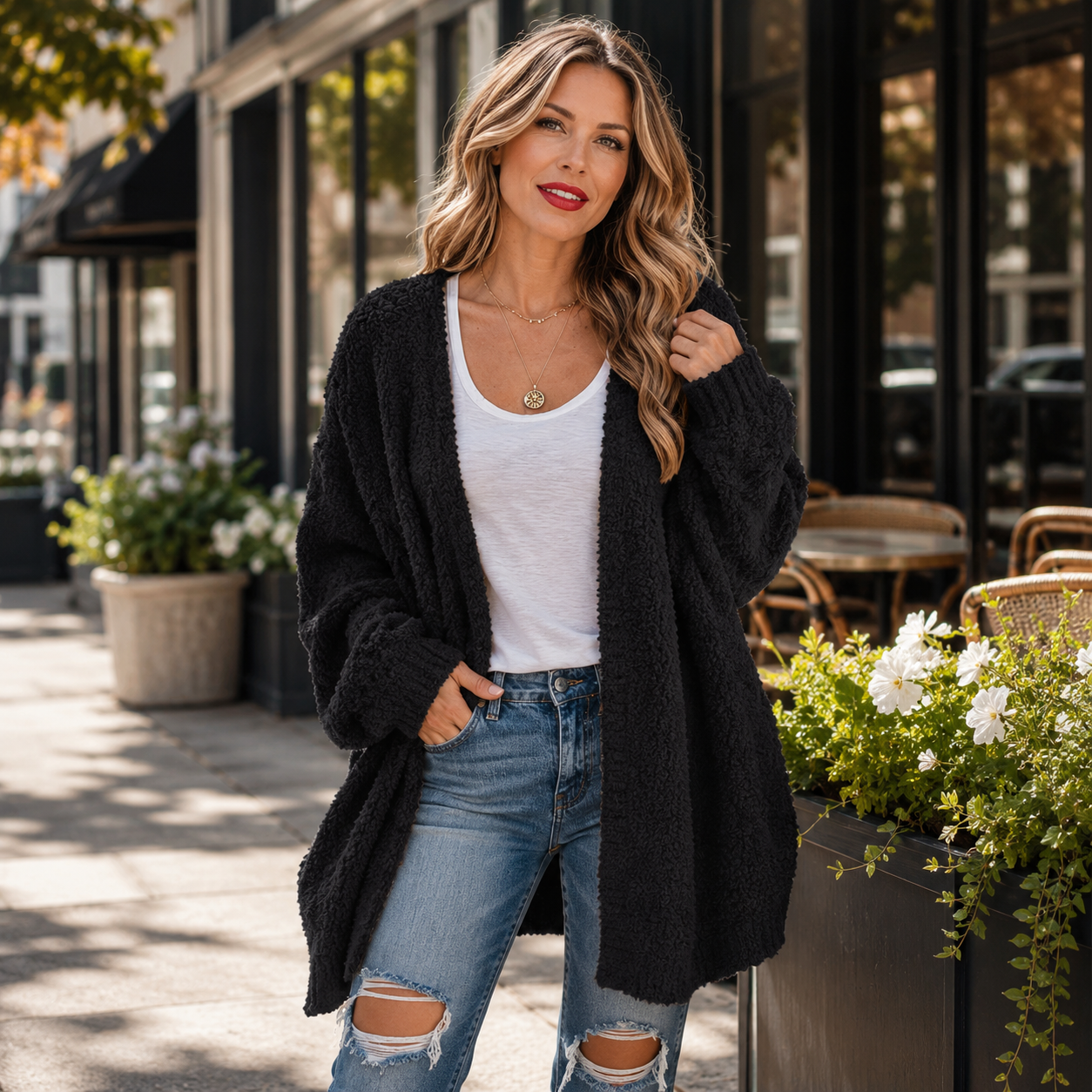 ✨ Cozy Popcorn-Knit Open-Front Cardigan with Pockets – Soft, Relaxed & Easy to Layer 🤍