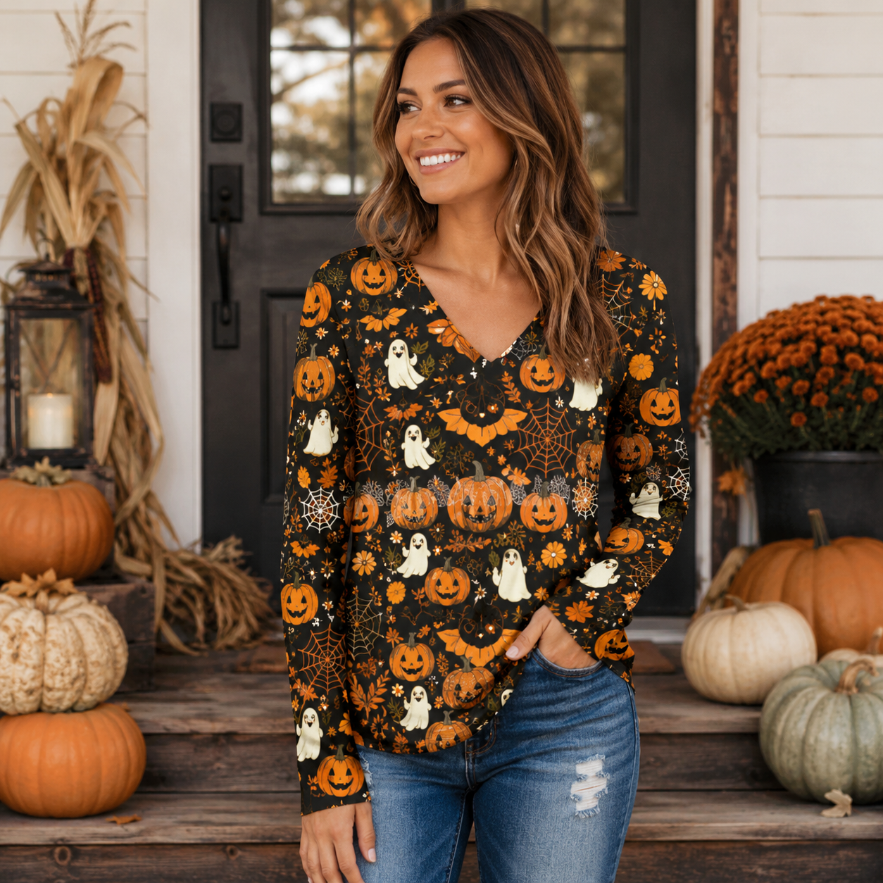 🎃 Spooky Sweet Halloween V-Neck Top – Festive Long Sleeve Style for Fall 👻🍬
