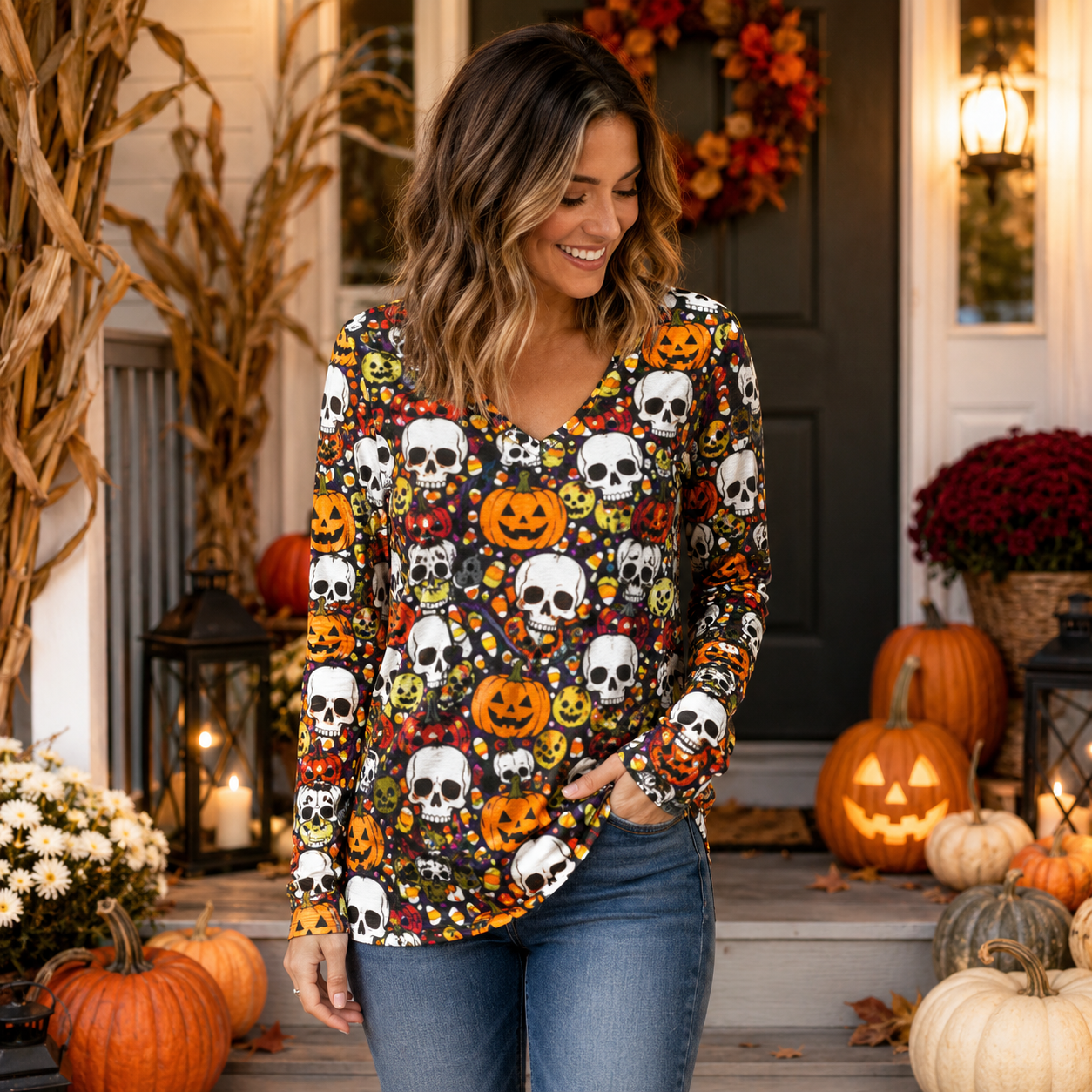 🎃 Spooky Sweet Halloween V-Neck Top – Festive Long Sleeve Style for Fall 👻🍬