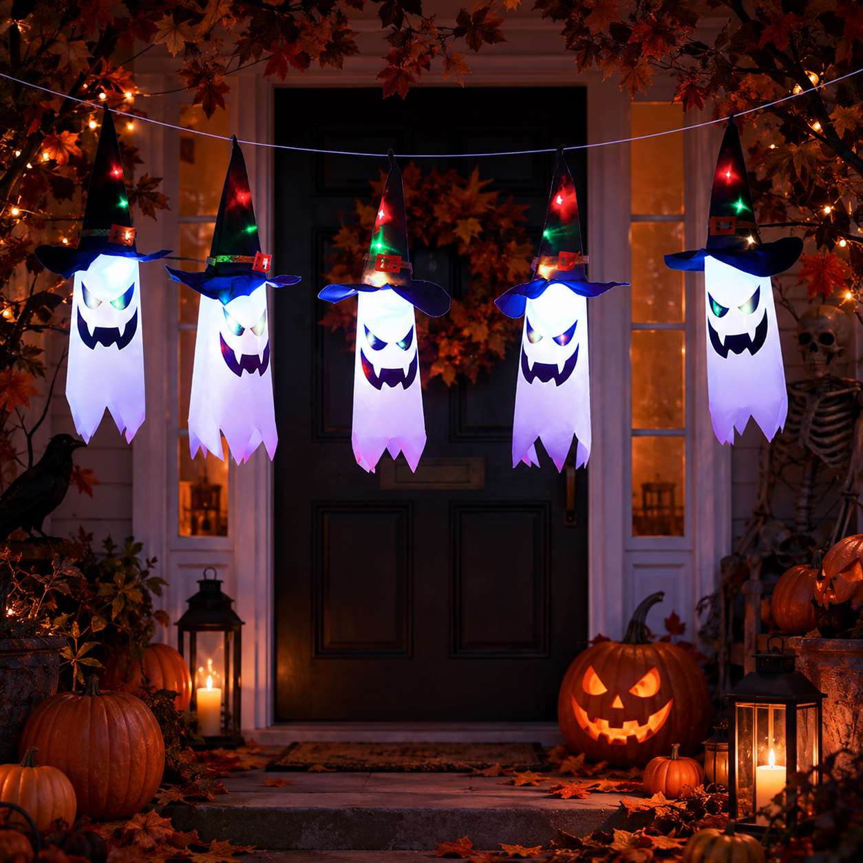🎃 Halloween Light-Up Ghost Garland & Spooky Ornaments 👻✨ Cozy Indoor & Outdoor Decor