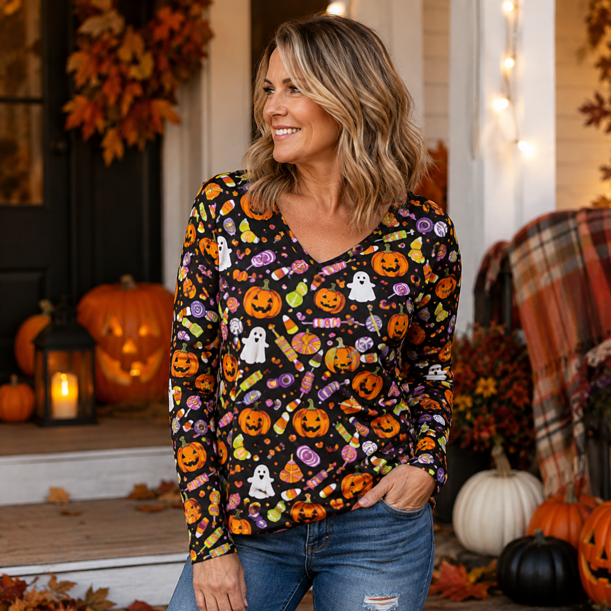 🎃 Spooky Sweet Halloween V-Neck Top – Festive Long Sleeve Style for Fall 👻🍬