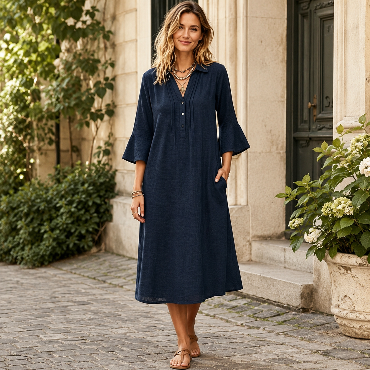🌿 Luftig, bequem & stilvoll – Locker fallendes Hemdblusenkleid mit Taschen, Dreiviertelärmeln und femininer A-Linie ✨