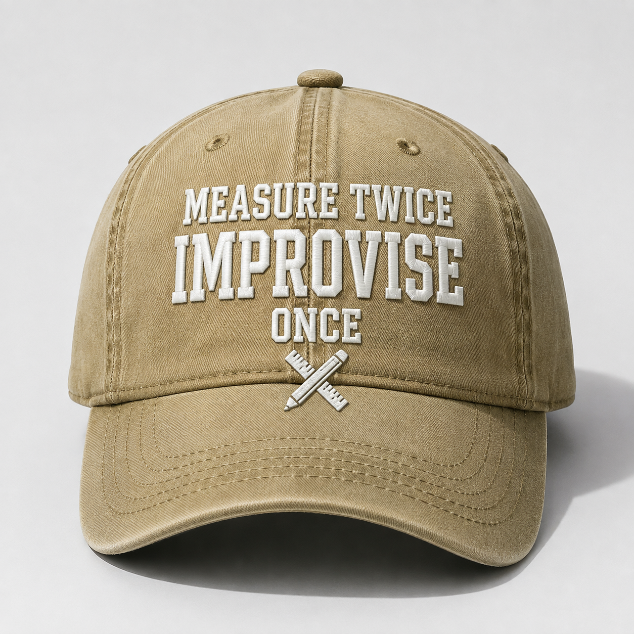 Men’s Vintage Embroidered Baseball Cap – “Measure Twice, Improvise Once” Adjustable Casual Hat
