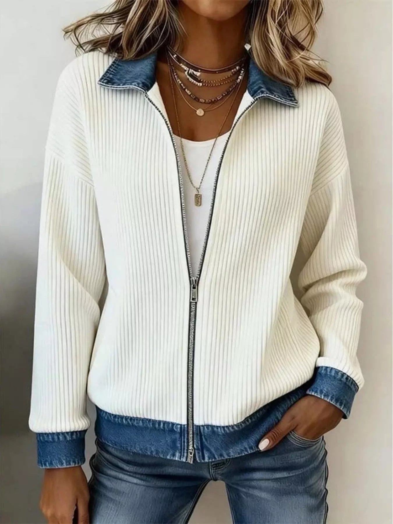 🎁New Arrivals 🔥Contrast Denim Collar Ribbed Knit Jacket