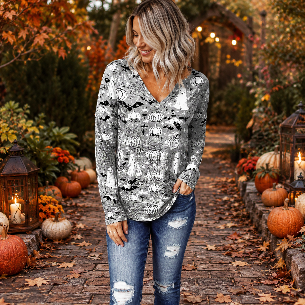 🎃 Spooky Sweet Halloween V-Neck Top – Festive Long Sleeve Style for Fall 👻🍬
