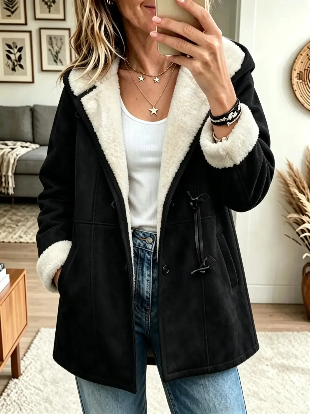 Black women's sherpa-lined faux suede coat