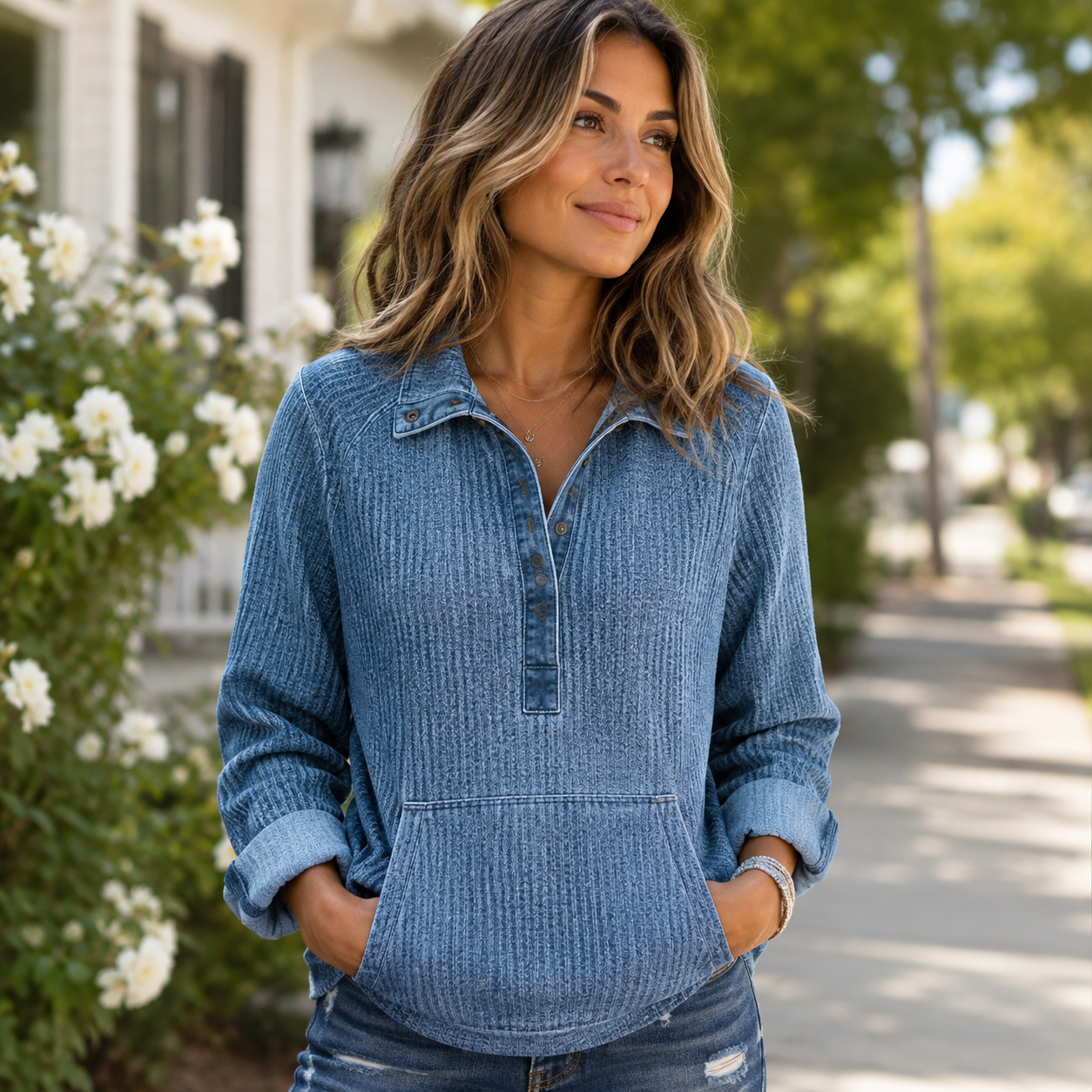 Women’s Casual Denim-Trim Pullover 💙 Soft Textured Long Sleeve Top for Everyday Comfort